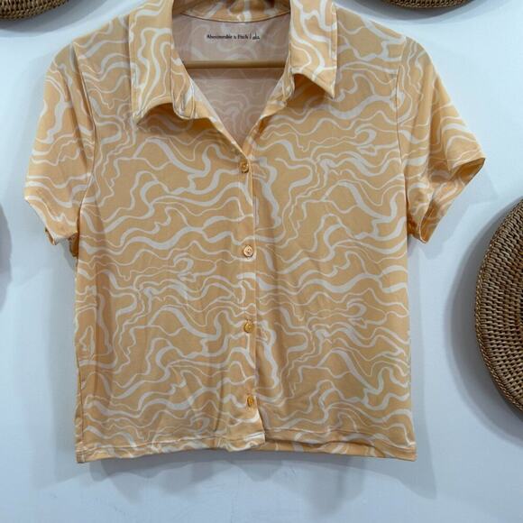 Abercrombie Orange Hippie Retro Button Up Collared Cropped Tee T-Shirt Large - Picture 4 of 5